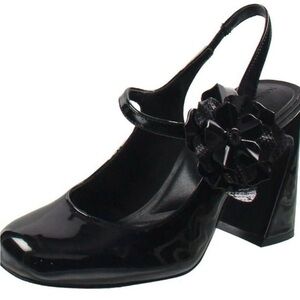 Black Patent Leather Heels with Floral Accent - smoke & pet free home